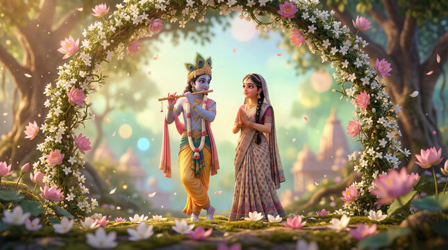 Krishna and radha in a mystical forest, surrounded by blooming lotus flowers and ancient temples