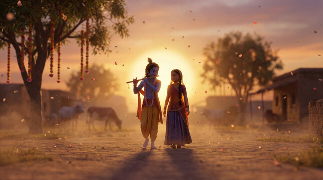 Child krishna with flute and radha walking through a serene indian village at golden hour sunset - Powered by Adobe