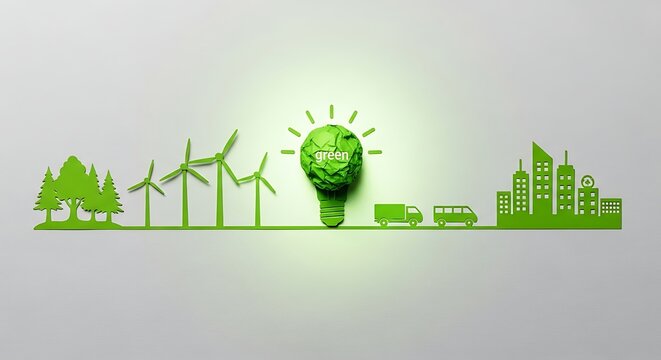 Vibrant green energy concept showcasing sustainability with wind turbines, electric vehicles, and eco-friendly city planning for a healthier planet - Powered by Adobe