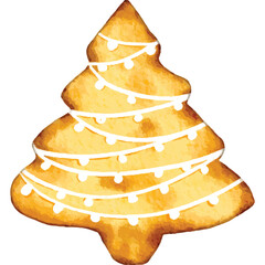Golden Brown Christmas Tree Shaped Cookie Decorated With White Icing Lights On A Transparent Background