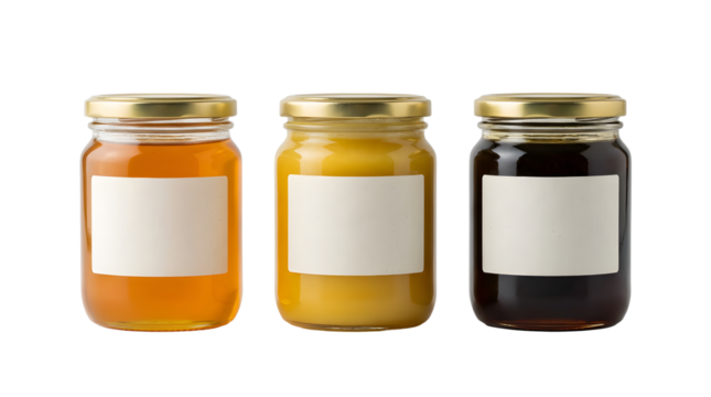 Three Jars Different Types Pure Natural Honey Blank Label
