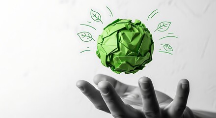 Inspiring green initiative with crumpled paper ball and leaf doodles held by hand, symbolizing sustainability and environmental awareness, eco friendly message