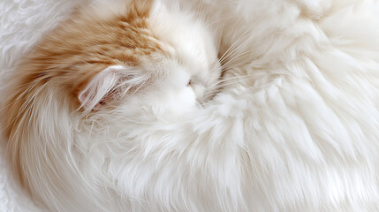 A cat is curled up in a ball on a white blanket
