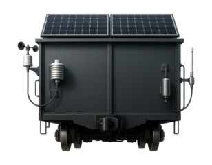 Weather monitoring boxcar equipped with exterior sensors and solar panels.