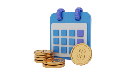 Set financial goals isolated on transparent background, with a modern calendar and gold coins, symbolizing prosperity and deadlines