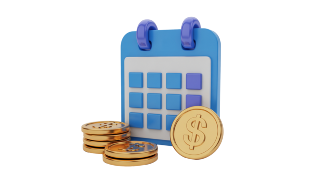Set financial goals isolated on transparent background, with a modern calendar and gold coins, symbolizing prosperity and deadlines