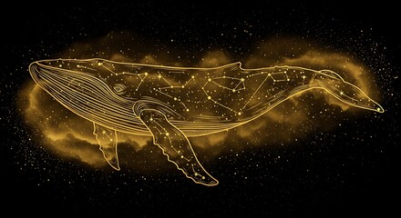 Glowing whale depicted with constellations on its body, swimming through golden nebula