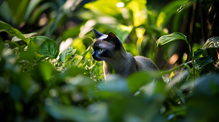 Obraz premium A cat is standing in a green bush