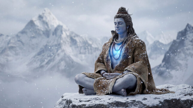 Lord shiva meditating peacefully in the snowy himalayan mountains, embodying spiritual tranquility and divine power - Powered by Adobe