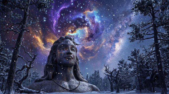 Majestic statue of lord shiva adiyogi in a serene snowy forest under a breathtaking cosmic sky