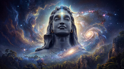 Lord shivas cosmic presence, a divine deity emerging from a vibrant galaxy and starry universe