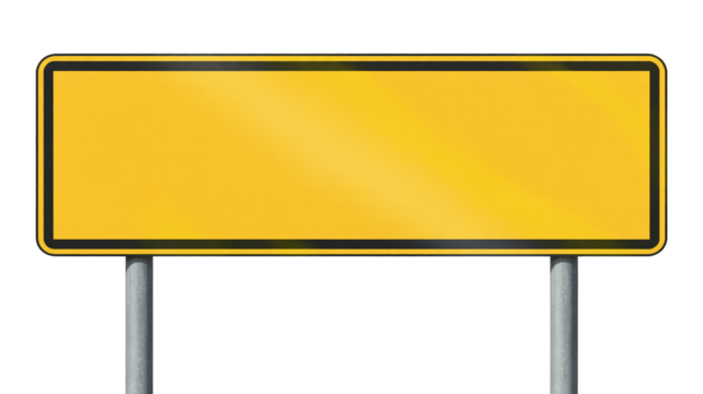 Blank vibrant yellow road sign isolated on transparent background, mockup ready for your message, perfect for announcements and promotions