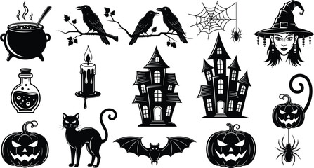 Black silhouette vector collection of classic Halloween elements including haunted house witch hat bat pumpkin cauldron cat and spider web isolated on white background