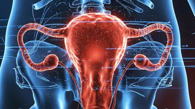 Detailed 3D Rendering of Female Reproductive System Anatomy Glowing Red and Blue Skeletal Structure Medical Visualization Technology Interface