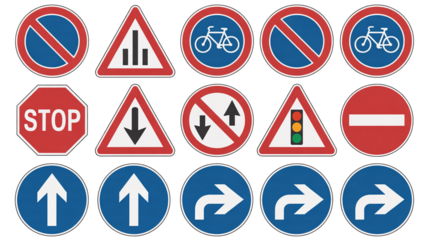Essential traffic signs isolated on transparent background, collection for safety and navigation, stop road sign and more for direction icons