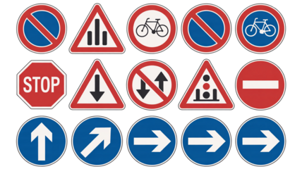 Essential traffic signs isolated on transparent background, collection for driving safety and regulatory compliance on roadways and bicycle lanes
