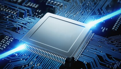 Close-up of a futuristic microchip with glowing blue energy circuits.