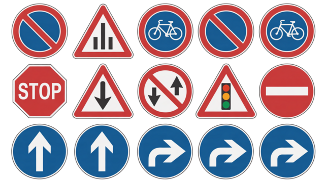 Essential traffic signs isolated on transparent background, collection for safety and navigation, stop road sign and more for direction icons