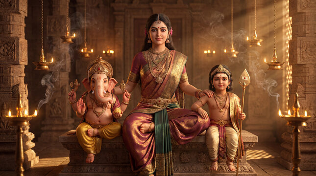 Hindu goddess parvati with sons ganesha and kartikeya in a beautifully lit traditional temple