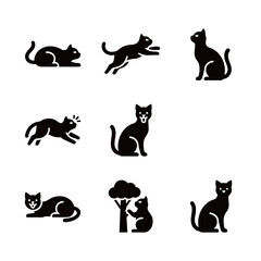 Simple Cat Icons Set: Sitting, Hunting, Lying, and Other Feline Actions Silhouettes