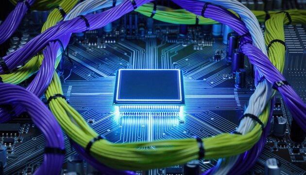 Close-up of a glowing blue computer chip surrounded by colorful wires.
