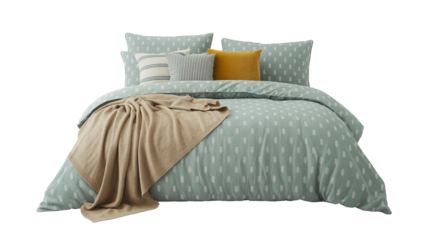 Create your cozy bedroom isolated on transparent background, oasis with this luxury bedding set in a modern designer aesthetic, today