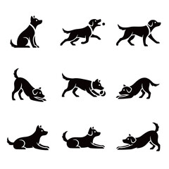 Diverse Set of Dog Silhouettes Illustrating Various Poses and Playful Actions