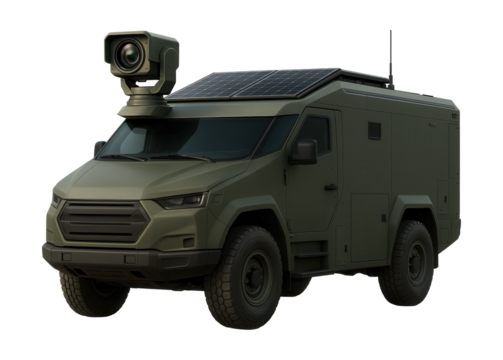 Command vehicle featuring thermal imaging and solar panels on the roof.
