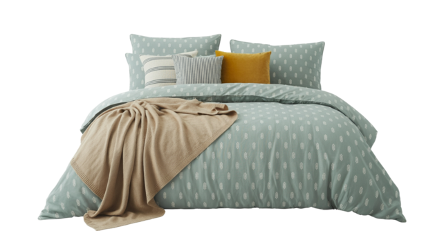 Create your cozy bedroom isolated on transparent background, oasis with this luxury bedding set in a modern designer aesthetic, today