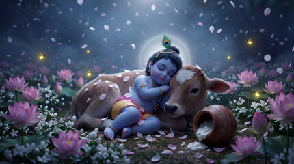 Naklejka premium Baby krishna sleeping peacefully with a calf amidst a beautiful lotus pond under a starry night sky