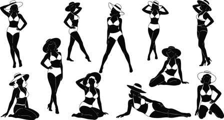 Black vector silhouette collection of beautiful pin-up girl models in vintage bikini swimsuits and sun hats posing for retro summer beach fashion isolated on white