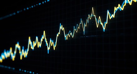 Glowing yellow and blue data analysis trend lines against a black background, close-up