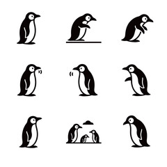 Obraz premium Simple Penguin Icons Set Showing Standing, Talking, and Family Silhouettes