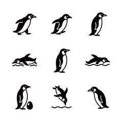 Naklejka premium Diverse Penguin Icons Set: Walking, Swimming, Diving, and Egg Silhouette Collection