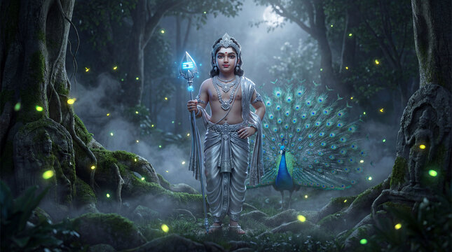 Divine child murugan, also known as kartikeya, in a serene, mystical forest with a peacock