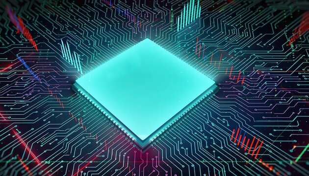 Futuristic Glowing Microchip Processor with Digital Circuitry and Data Streams.