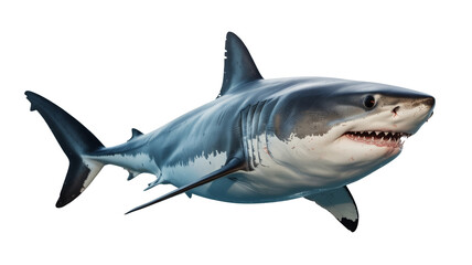 Fototapeta premium Majestic great white shark isolated on transparent background, swimming powerfully, an apex predator perfect for ocean life projects
