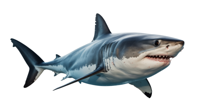 Majestic great white shark isolated on transparent background, swimming powerfully, an apex predator perfect for ocean life projects