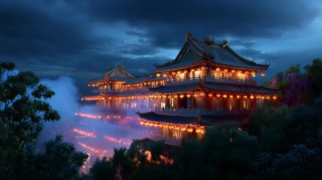 Mystical Chinese Pagoda Lit at Night with Lanterns in a Cloudy Ambiance