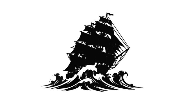 Vector illustration&nbsp;of black and white illustration of a vintage sailing ship navigating through large ocean waves, isolated on transparent background