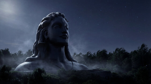 Majestic adiyogi shiva statue under a moonlit sky, surrounded by mystical fog and trees at night