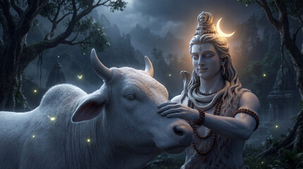 Naklejka premium Divine lord shiva with his sacred bull nandi in a serene, mystical forest under a glowing crescent moon
