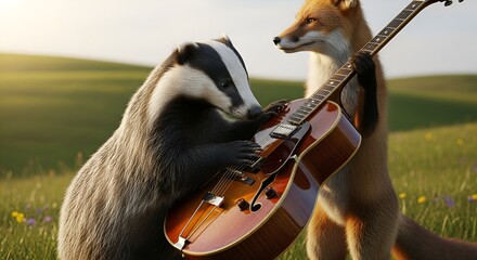 Badger plays guitar alongside fox in idyllic field; whimsical, artistic, and humorous scene