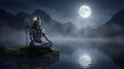 Divine lord shiva meditating by a peaceful lake at night, with a radiant full moon and mountains