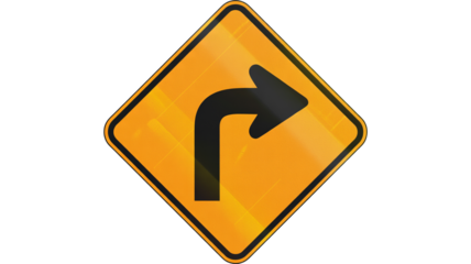 Right turn ahead road warning sign isolated on transparent background, for transportation safety and construction zone caution advisory alert