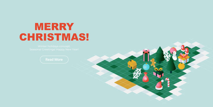 Christmas Tree Isometry Banner. Vector Illustration of Isomertic Winter Objects. Seasonal Greetings. Snoflake, Present Box. Happy New Year.