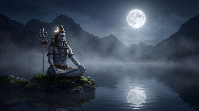 Divine lord shiva meditating by a peaceful lake at night, with a radiant full moon and mountains - Powered by Adobe