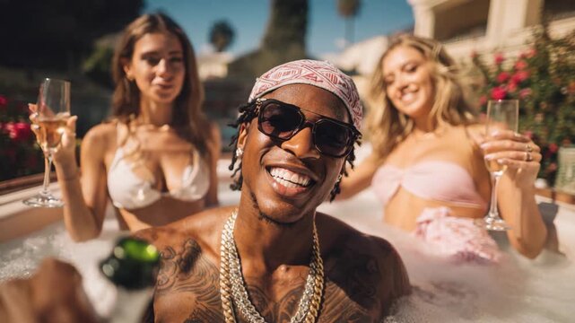 Rapper man in jacuzzi with women drinking champagne