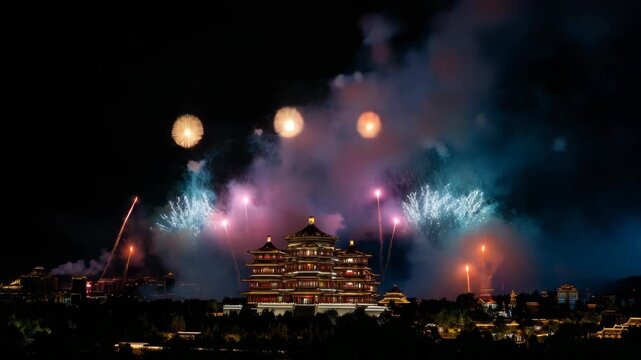 Spectacular Fireworks Display over Traditional Asian Architecture at Night