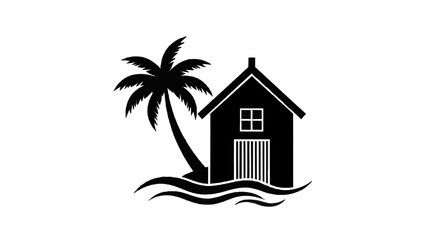Vector illustration of black silhouette icon of a beach house or hut with a palm tree and ocean wave isolated on transparent background